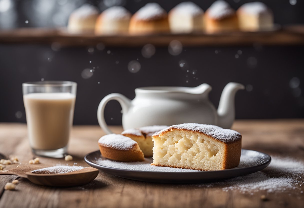 Um bolo de leite leve e fofo com um toque de canela, repousando sobre uma mesa de madeira rústica com uma pitada de açúcar de confeiteiro por cima