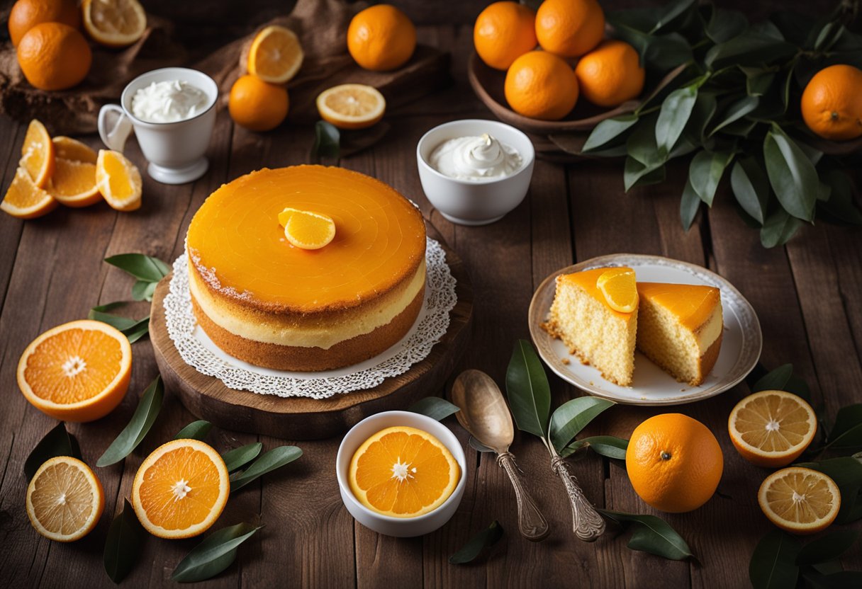 Um bolo de laranja leve e fofo está em uma mesa rústica de madeira, cercado por laranjas frescas e alguns ingredientes de confeitaria espalhados.