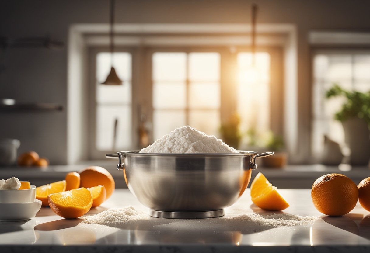 Uma cozinha iluminada com uma tigela de laranjas frescas, uma peneira de farinha e um batedor em uma bancada de mármore. A luz do sol entra pela janela, lançando um brilho quente sobre os ingredientes.