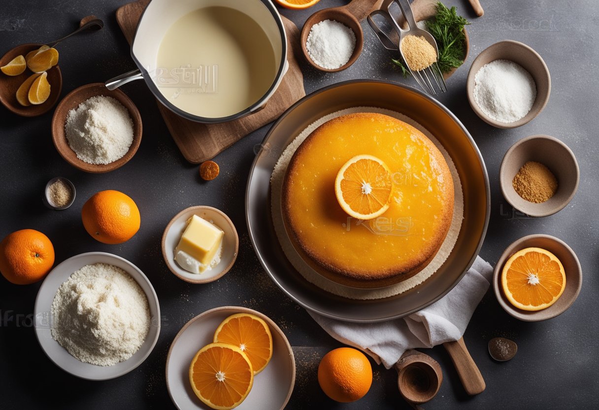 Uma cozinha iluminada com ingredientes dispostos para fazer um bolo de laranja fofo, incluindo laranjas, farinha, ovos e uma tigela de mistura.