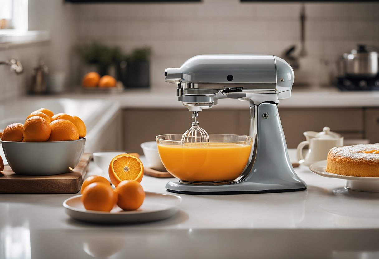 Uma cozinha iluminada com uma batedeira vintage, laranjas frescas e um bolo de laranja fofinho assando no forno