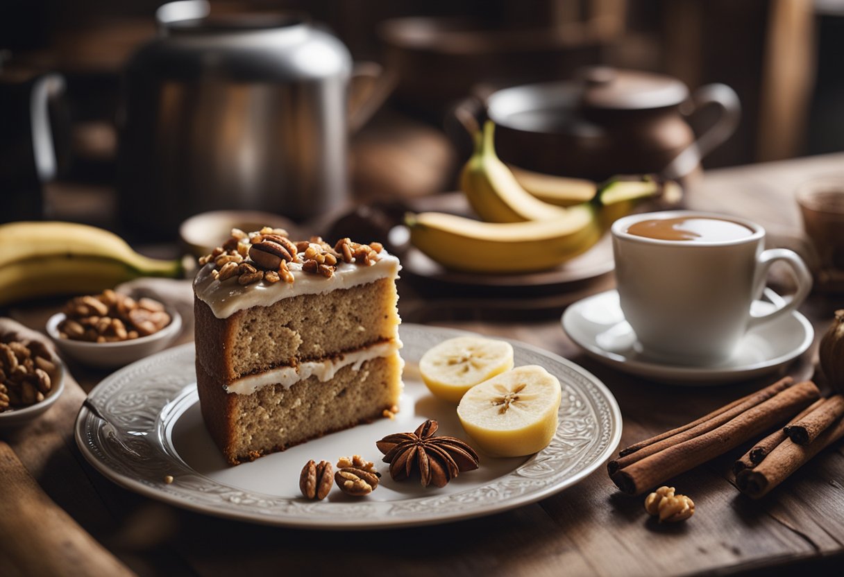 Uma mesa de cozinha rústica com um bolo de banana recém-assado em um prato vintage, cercada por bananas maduras e uma dispersão de paus de canela e nozes.