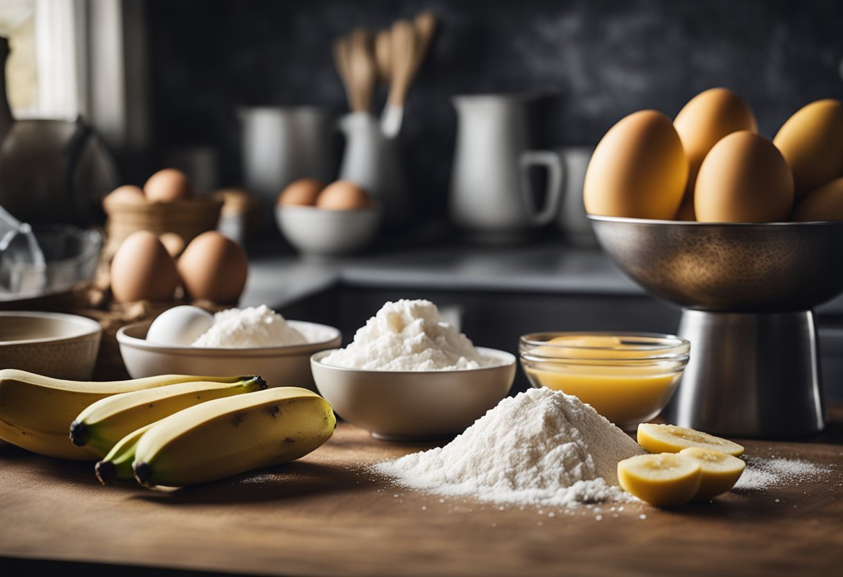 Uma bancada de cozinha rústica com bananas maduras, farinha, açúcar, ovos e uma tigela de mistura, pronta para ser usada para assar um bolo de banana fofinho.