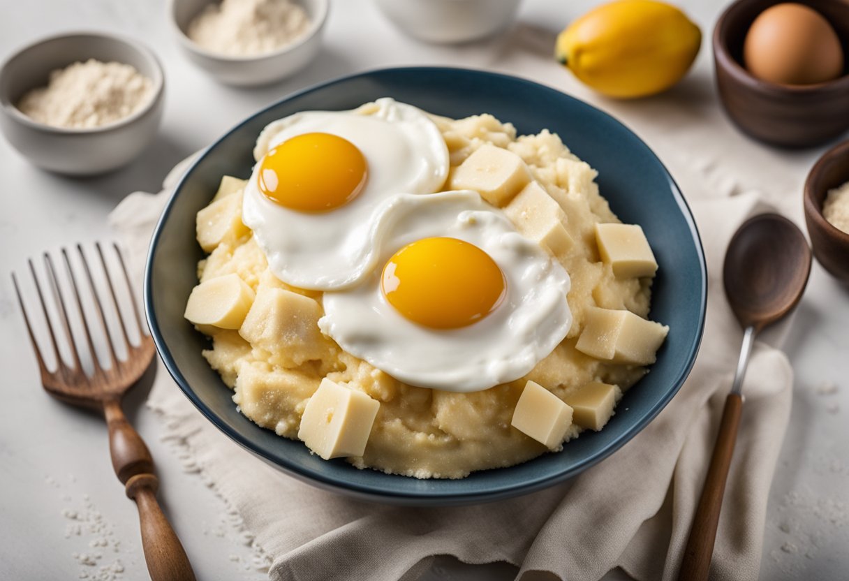 Uma tigela de bananas amassadas, farinha e ovos está em uma bancada de cozinha, cercada por xícaras medidoras e um batedor. Os ingredientes estão sendo misturados para preparar a massa de um bolo de banana fofo.