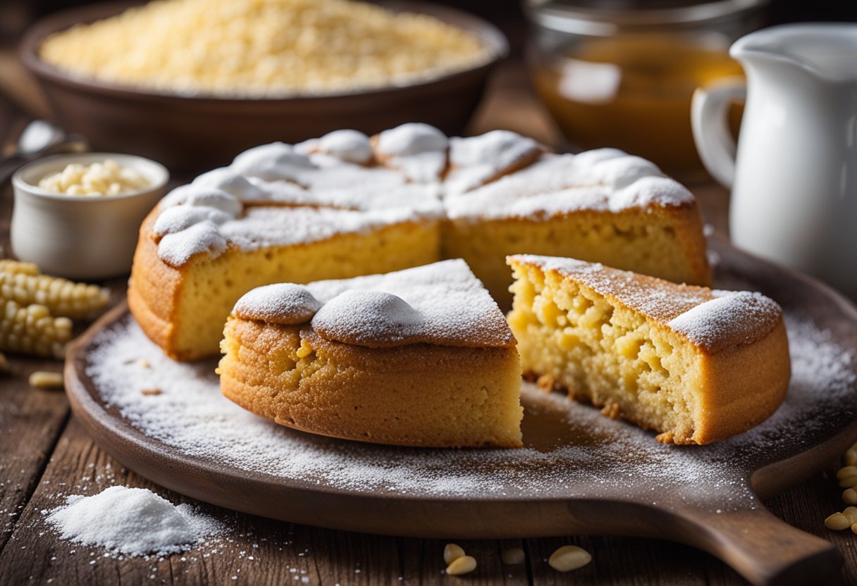 Um bolo fofinho de fubá está sobre uma mesa de madeira rústica, cercado por grãos de milho espalhados e uma camada de açúcar de confeiteiro.