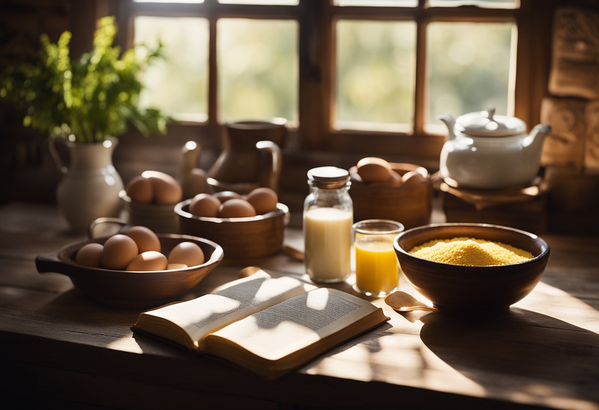 Uma bancada de cozinha rústica com uma tigela de fubá, ovos, leite e açúcar, cercada por um livro de receitas vintage e uma colher de madeira. A luz do sol entra pela janela, lançando um brilho quente sobre os ingredientes.