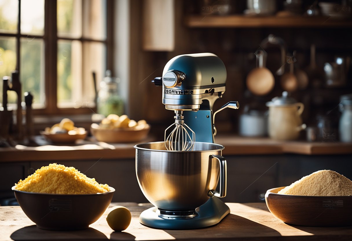 Uma cozinha rústica com uma batedeira vintage e ingredientes para um bolo de fubá fofinho. A luz do sol entra pela janela, lançando um brilho quente na cena.