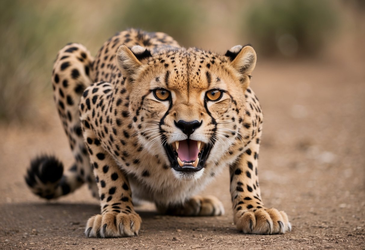 A cheetah hisses loudly, showing its sharp teeth, while crouching low to the ground with its ears flattened back