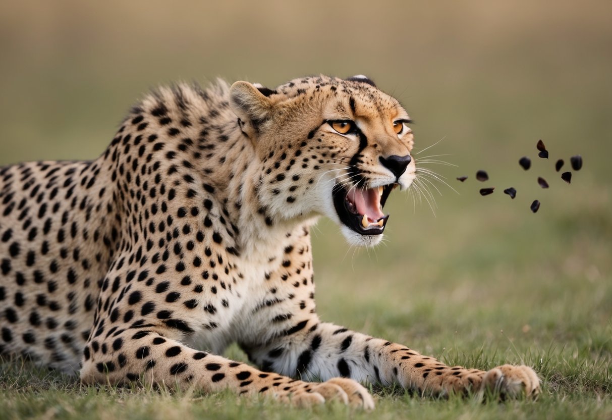 A cheetah growls while a hissing sound is heard from a distance