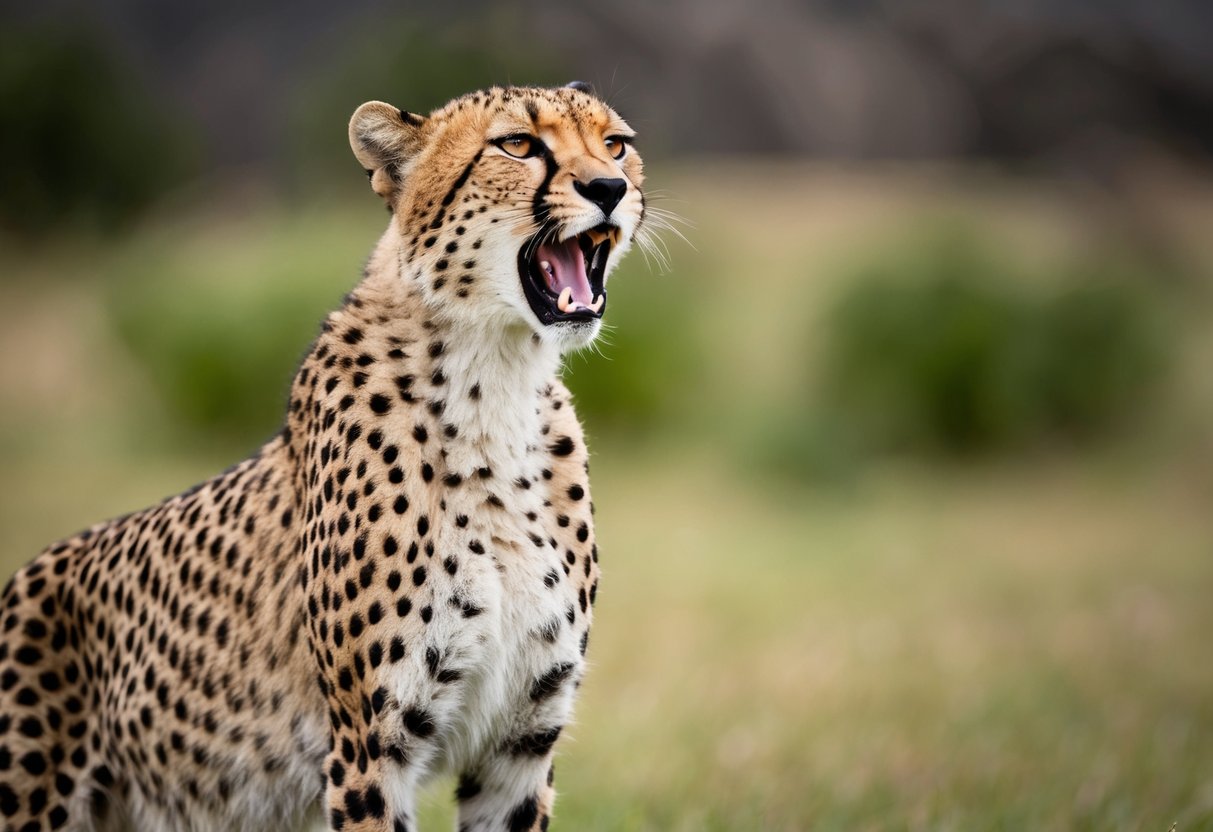A cheetah standing tall, with ears back and mouth open, emitting a low growl