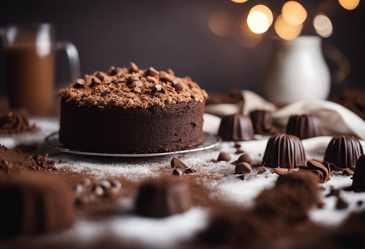 Um bolo de chocolate fofinho esfriando em uma grade, cercado por cacau em pó espalhado e raspas de chocolate.