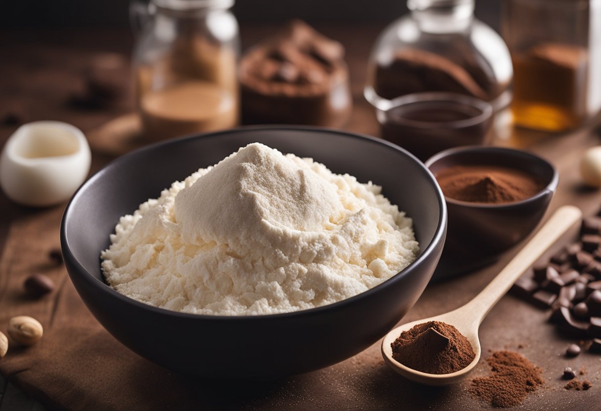 Uma bancada de cozinha com uma tigela de mistura cheia de farinha, cacau em pó, açúcar e ovos. Uma garrafa de extrato de baunilha e uma barra de chocolate estão colocadas próximas.