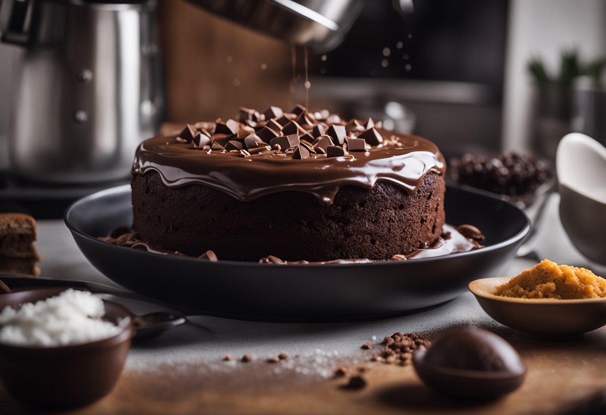 Um bolo de chocolate sendo misturado em uma tigela com ingredientes espalhados em uma bancada de cozinha