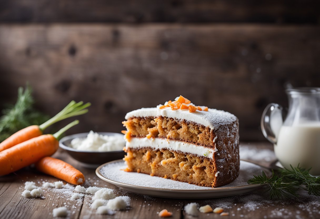 Um bolo de cenoura fofo repousa sobre uma mesa de madeira rústica, adornado com uma camada de açúcar de confeiteiro e algumas lascas de cenoura fresca.