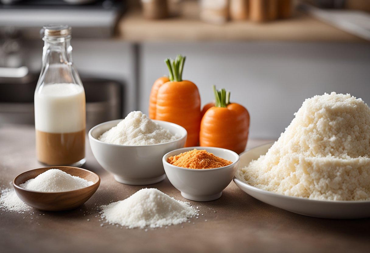 Uma bancada de cozinha com tigelas de farinha, açúcar e cenouras raladas, junto com ovos e um batedor, prontos para fazer um bolo de cenoura fofinho.