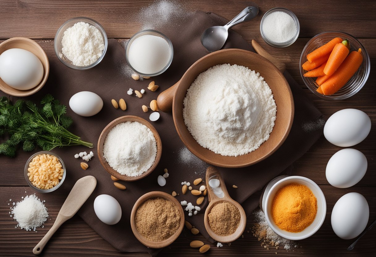 Uma bancada de cozinha com ingredientes e utensílios dispostos para fazer um bolo de cenoura fofinho. Uma tigela de mistura, farinha, ovos, açúcar e cenouras raladas estão visíveis.