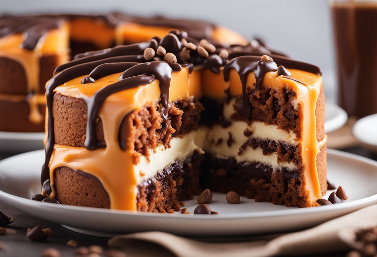 Um bolo de cenoura fofinho sendo coberto com chocolate derretido e suave