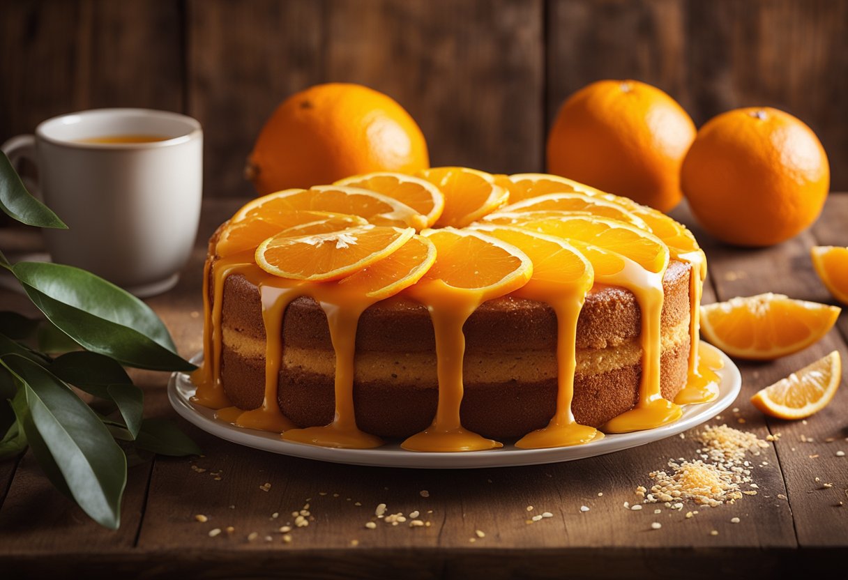 Um vibrante bolo laranja está sobre uma mesa de madeira rústica, cercado por laranjas frescas e uma pitada de raspas. A luz do sol entra por uma janela próxima, lançando um brilho quente sobre a cena.