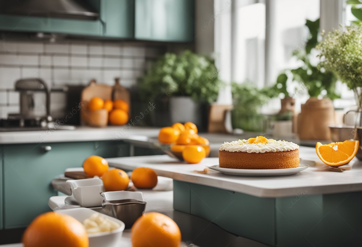 Uma bancada de cozinha iluminada com ingredientes para uma receita fácil de bolo de laranja