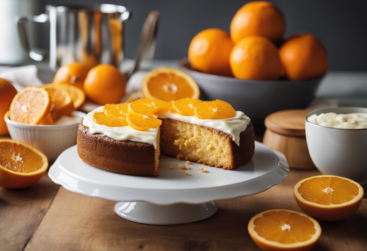 Uma cozinha iluminada com uma tigela de mistura, laranjas frescas e um livro de receitas aberto em uma página intitulada "Receita Perfeita de Bolo de Laranja Fácil."