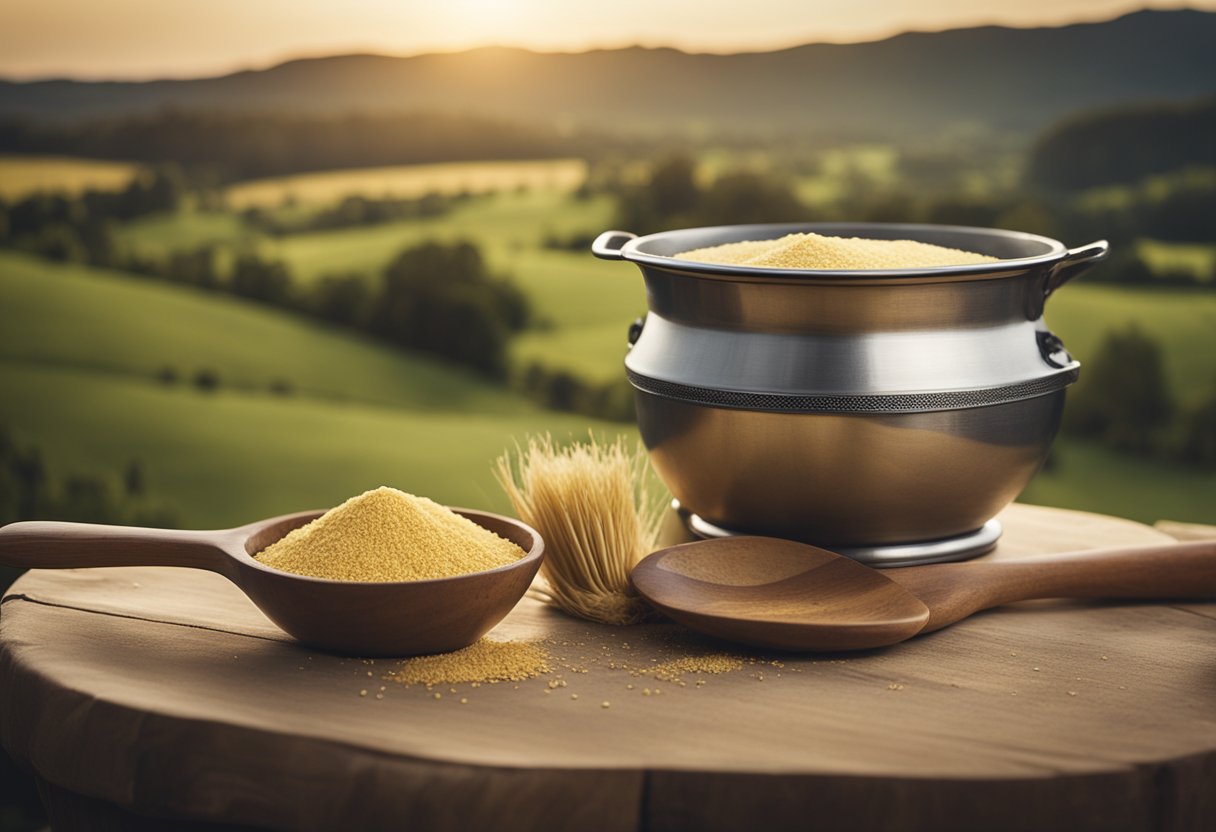 Uma cozinha rústica com uma tigela de mistura vintage, colher de madeira e um saco de fubá, ao fundo de uma paisagem rural.