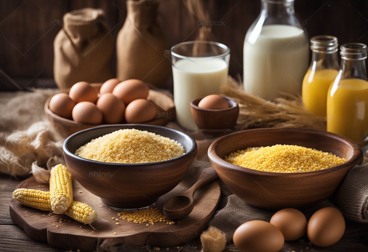 Uma cozinha rústica com uma mesa de madeira segurando uma tigela de fubá, ovos e leite, cercada por espigas de milho frescas e um saco de açúcar.