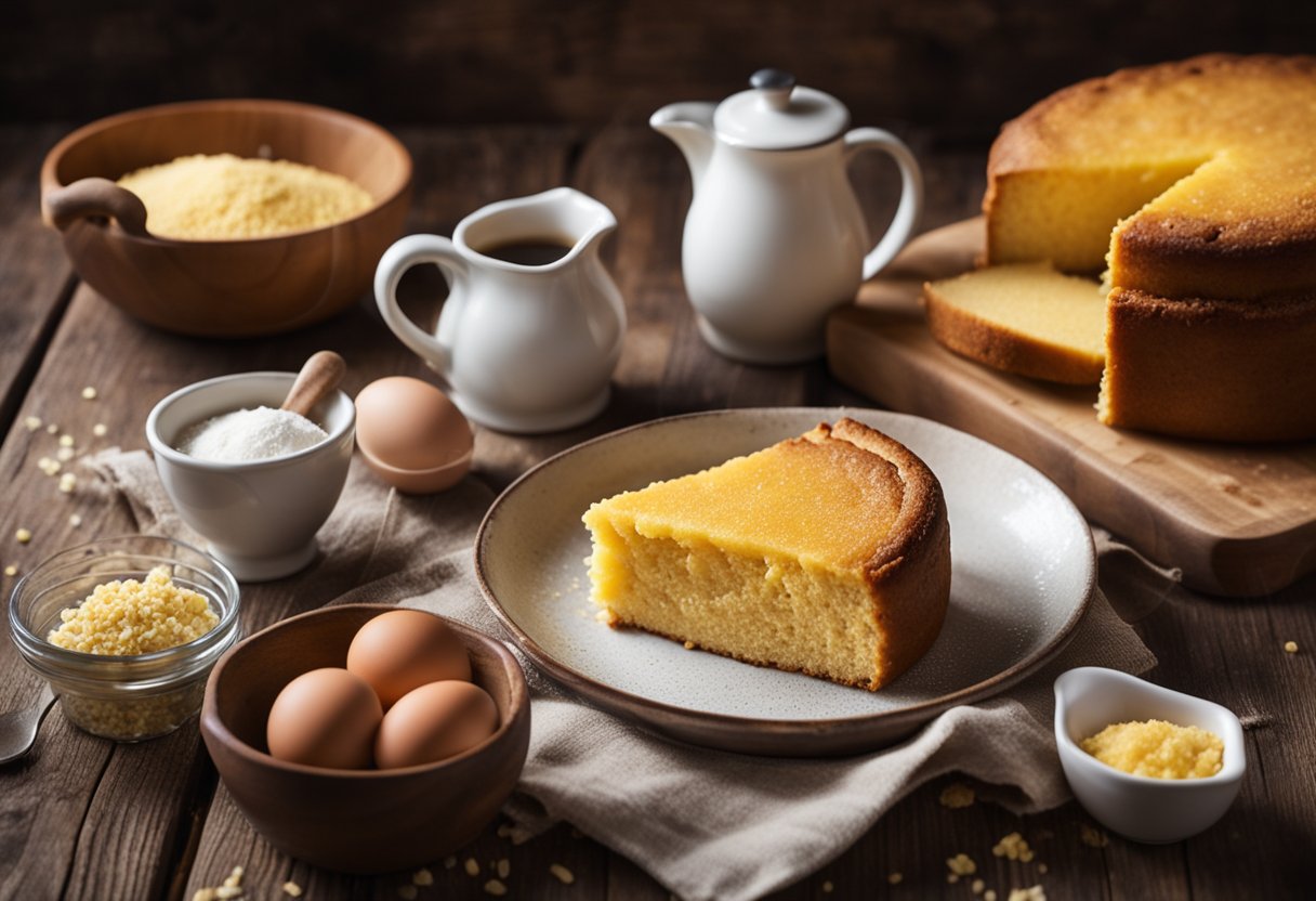 Uma cozinha rústica com uma mesa de madeira vintage segurando um bolo simples de fubá recém-assado, cercado por ingredientes como fubá, ovos e açúcar.