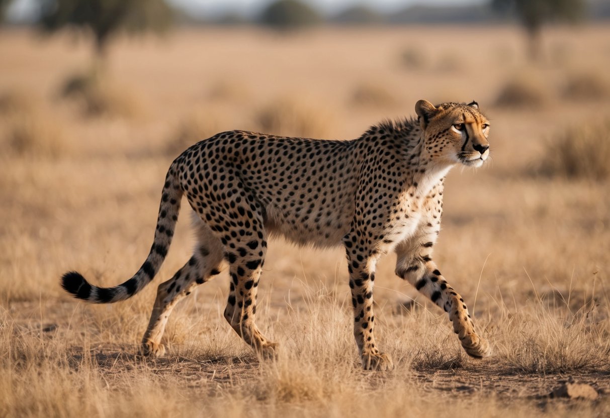 A single cheetah prowls through the dry grasslands of India in 2024