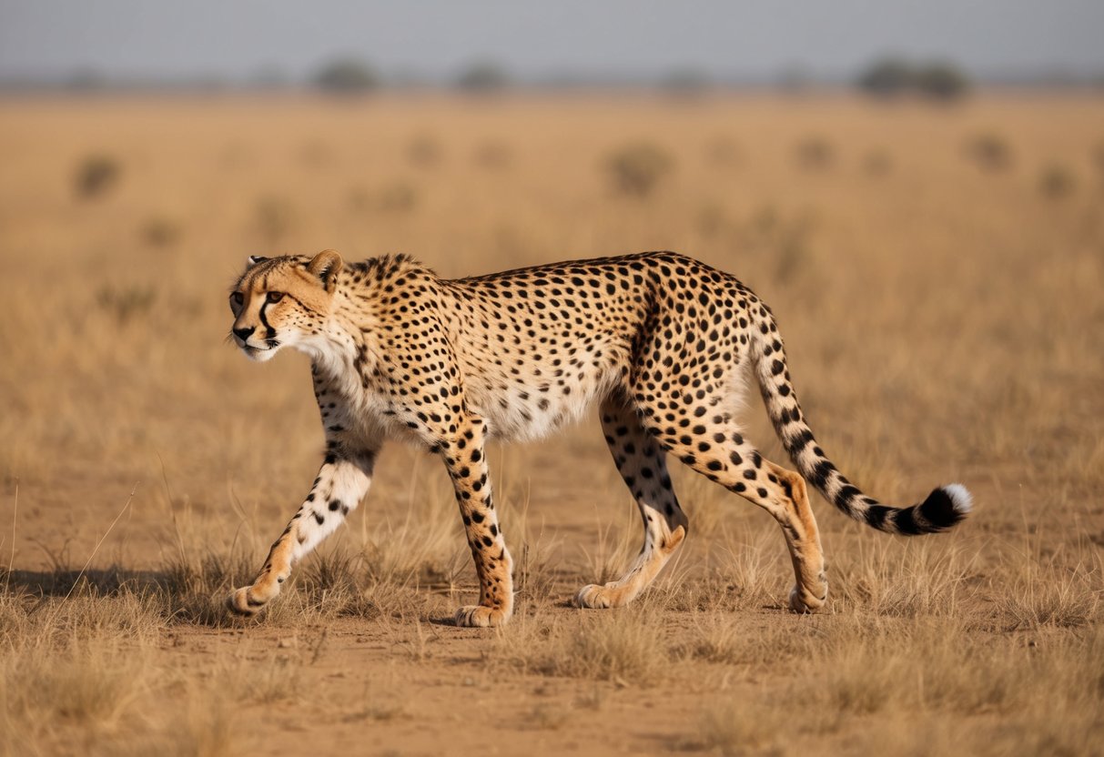 A lone cheetah prowls through the dry grasslands of India, its sleek form blending into the golden landscape. The vast expanse of the savannah stretches out before it, a reminder of the challenges faced by these majestic creatures in their struggle for survival