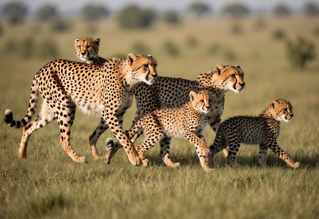 A cheetah family roaming the grasslands of India, with a few cubs playing and hunting alongside their parents in 2024