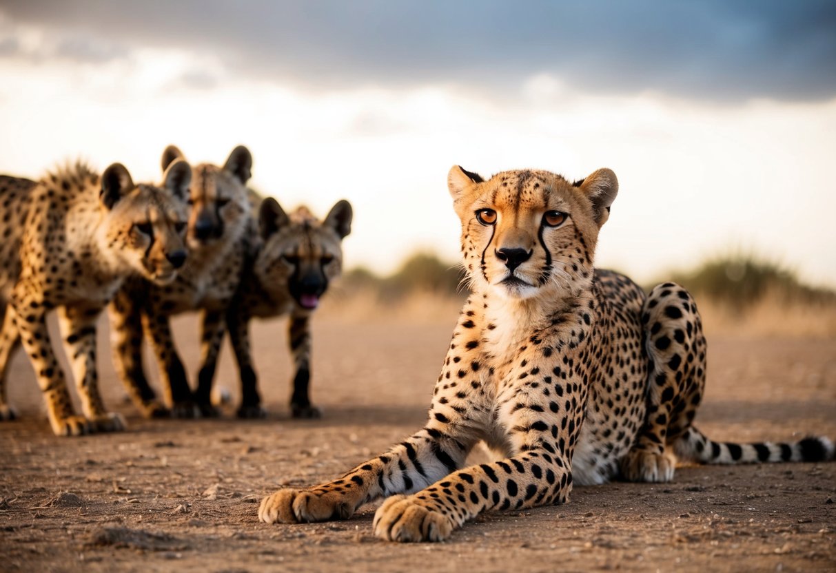A cheetah crouches low, eyes wide, as a pack of hyenas circle nearby