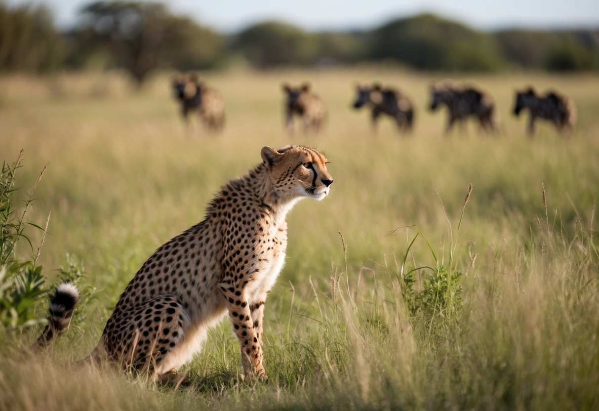 A cheetah crouching in tall grass, watching warily as a group of hyenas approach in the distance