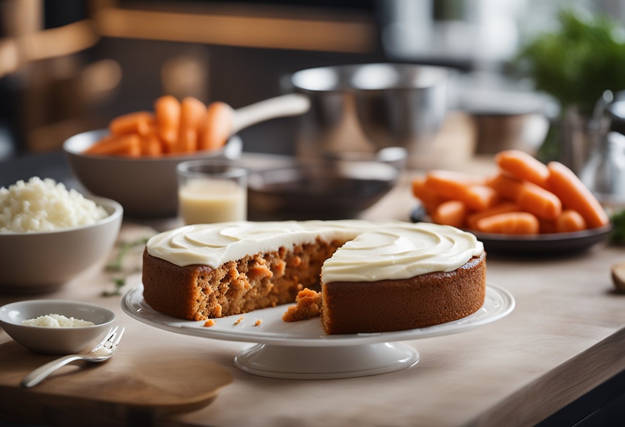 Uma receita simples de bolo de cenoura sendo preparada com ingredientes dispostos em uma bancada de cozinha.