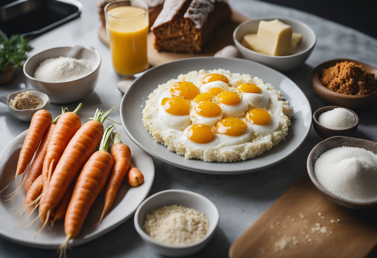 Uma bancada de cozinha com cenouras frescas, farinha, açúcar e ovos dispostos para uma receita simples de bolo de cenoura