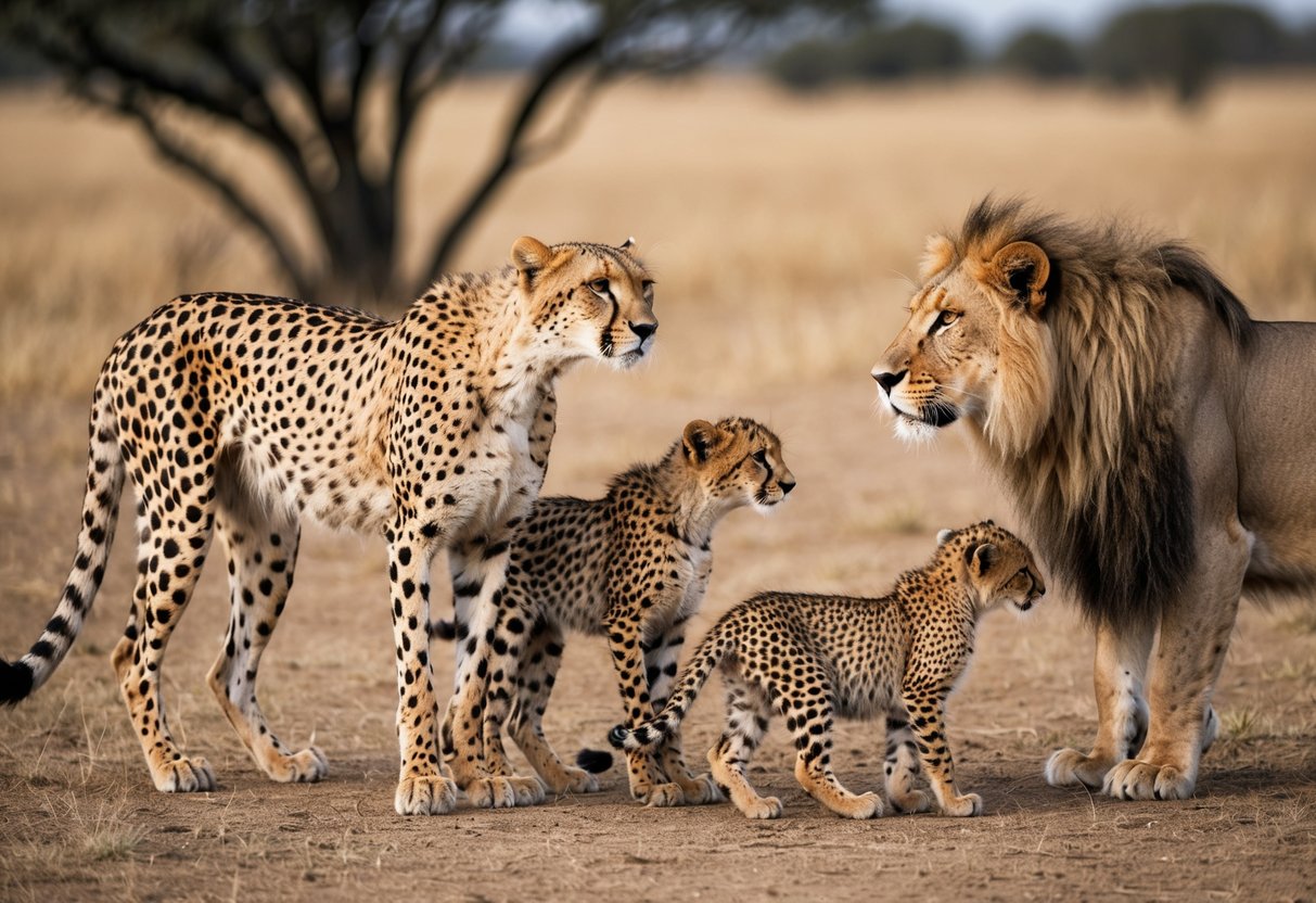 A pack of cheetahs cautiously eyeing a pride of lions nearby, ready to protect their vulnerable cubs