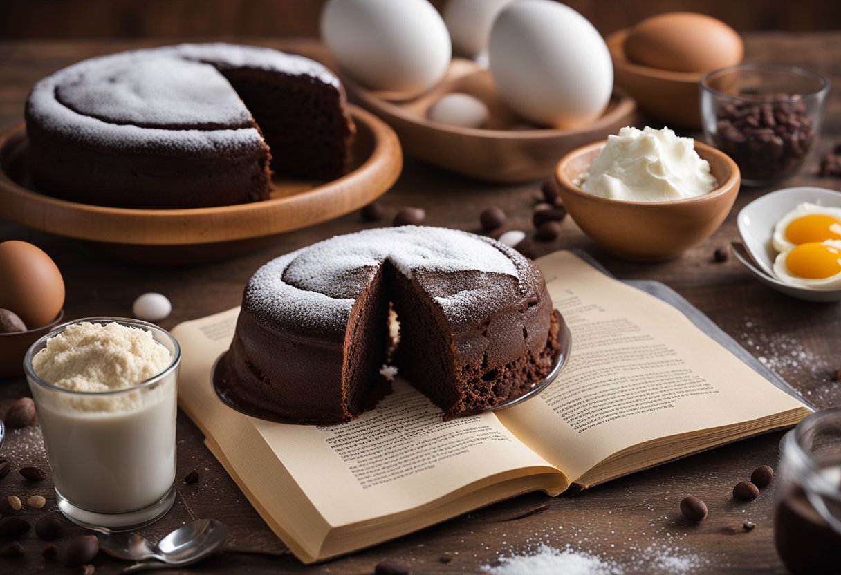 Uma bancada de cozinha com tigelas de farinha, cacau, açúcar e ovos, ao lado de um livro de receitas aberto em uma página intitulada 'Receita Simples de Bolo de Chocolate.'