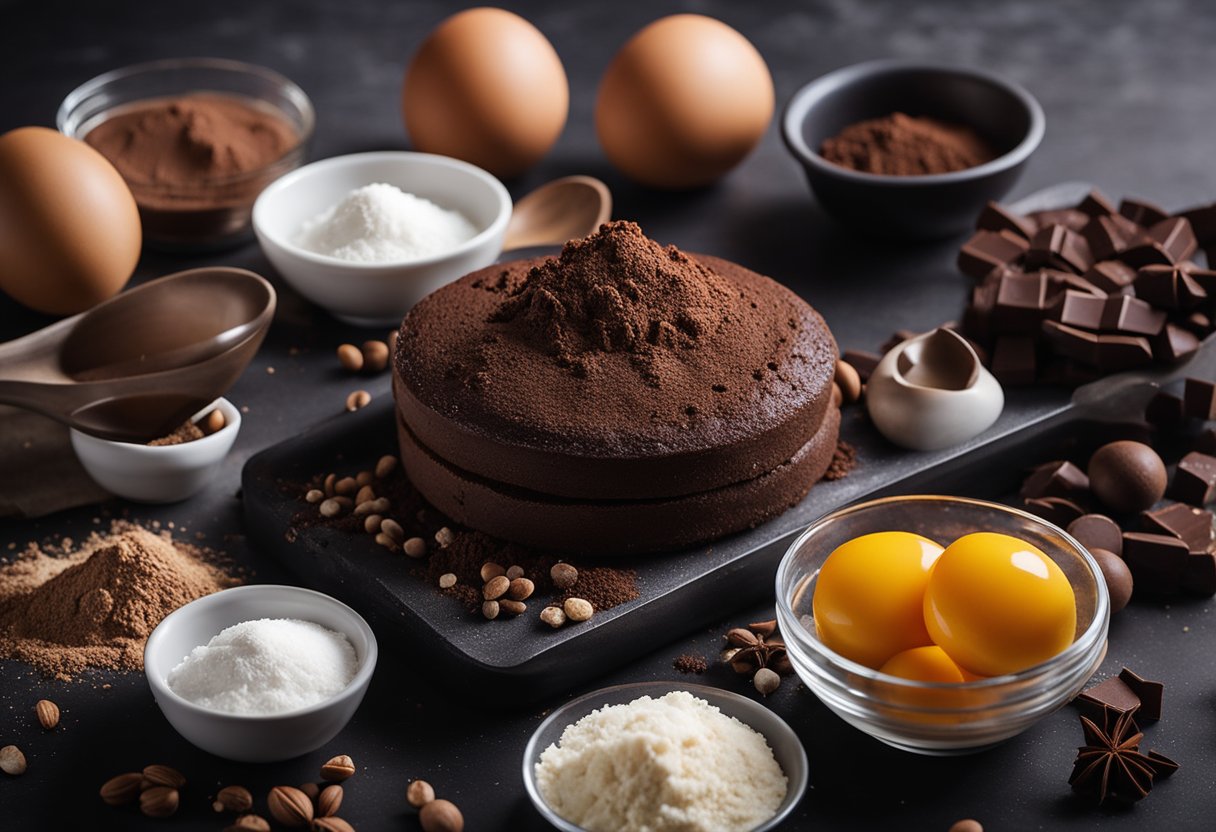 Uma bancada de cozinha com ingredientes e utensílios para uma receita simples de bolo de chocolate. Farinha, cacau em pó, açúcar, ovos e uma tigela de mistura estão visíveis.