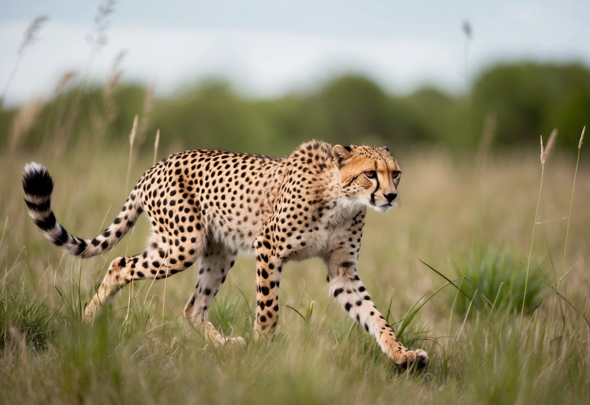 A cheetah stalking through tall grass, eyes fixed on prey