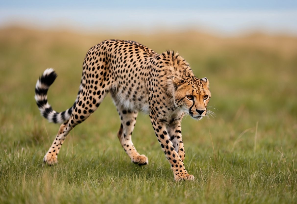 A cheetah stalking its prey in the grasslands, ready to pounce with intense focus and determination