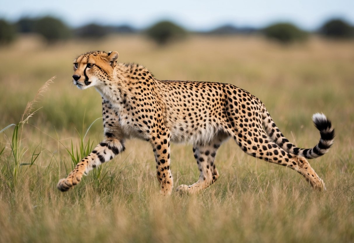A cheetah prowls through tall grass, alert and ready to pounce, its sleek body blending into the savannah landscape