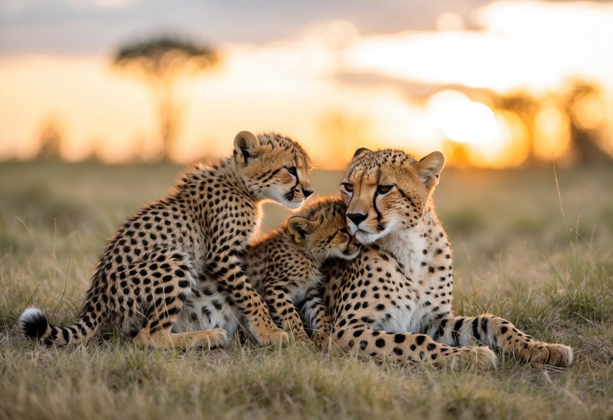 The mother cheetah lay motionless in the grass, her cubs nuzzling her still form as the sun set on the savannah