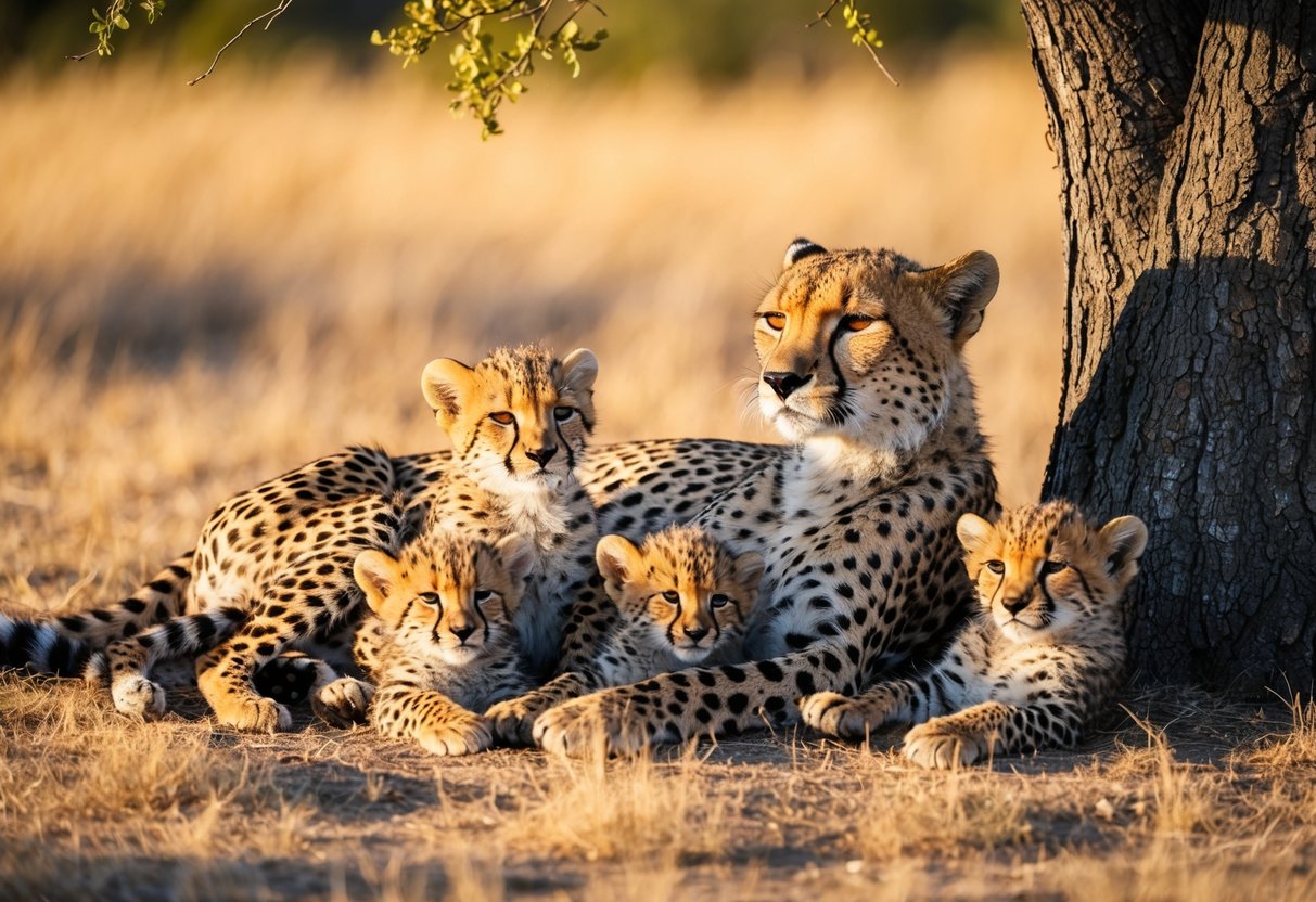 The mother cheetah lay peacefully under a tree, surrounded by her playful cubs. The golden sunlight cast a warm glow on the scene, highlighting the bond between the family