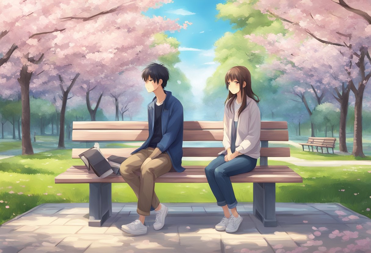 An anime couple sitting on a bench in a serene park, surrounded by cherry blossom trees and a gentle breeze