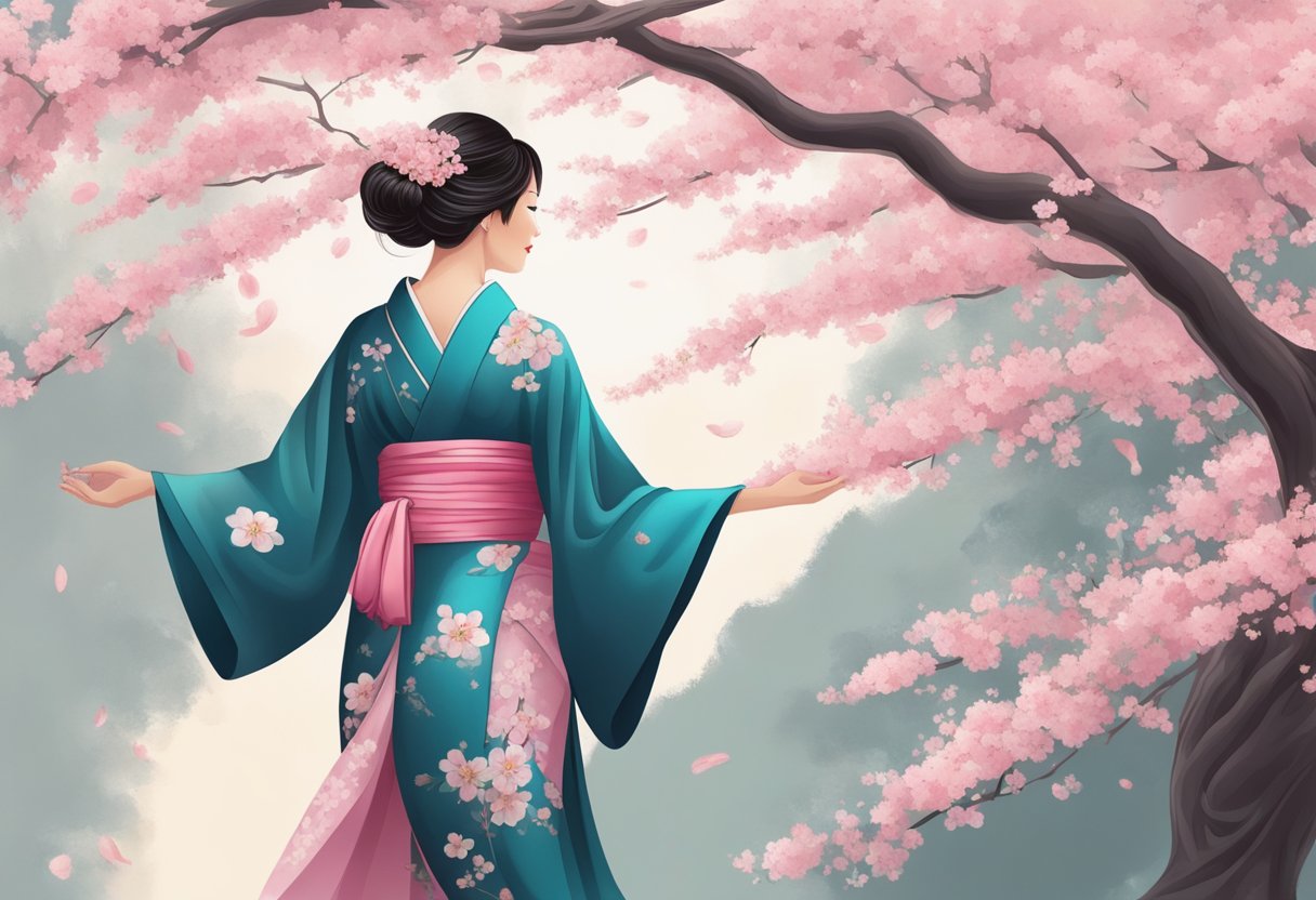 An elegant kimono draped over a cherry blossom tree in full bloom