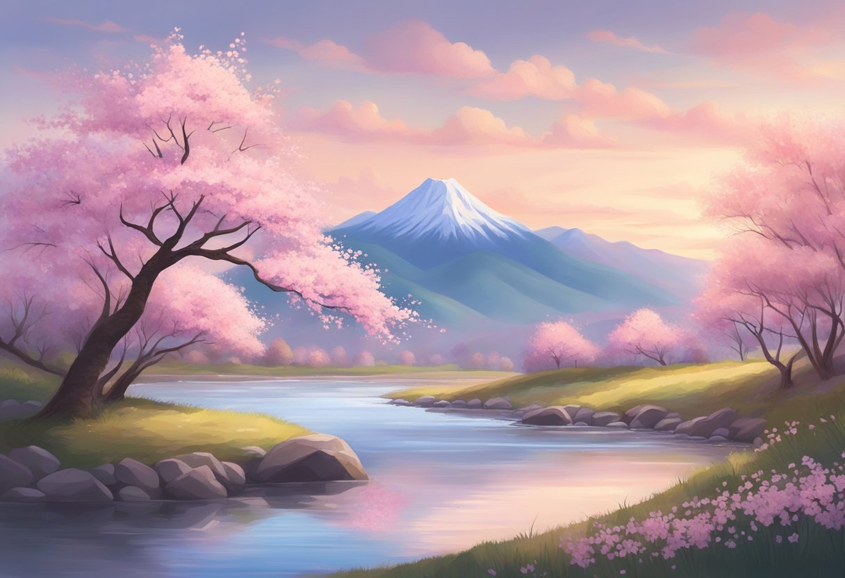 A serene landscape with cherry blossom trees, a flowing river, and a distant mountain range under a pastel-colored sky