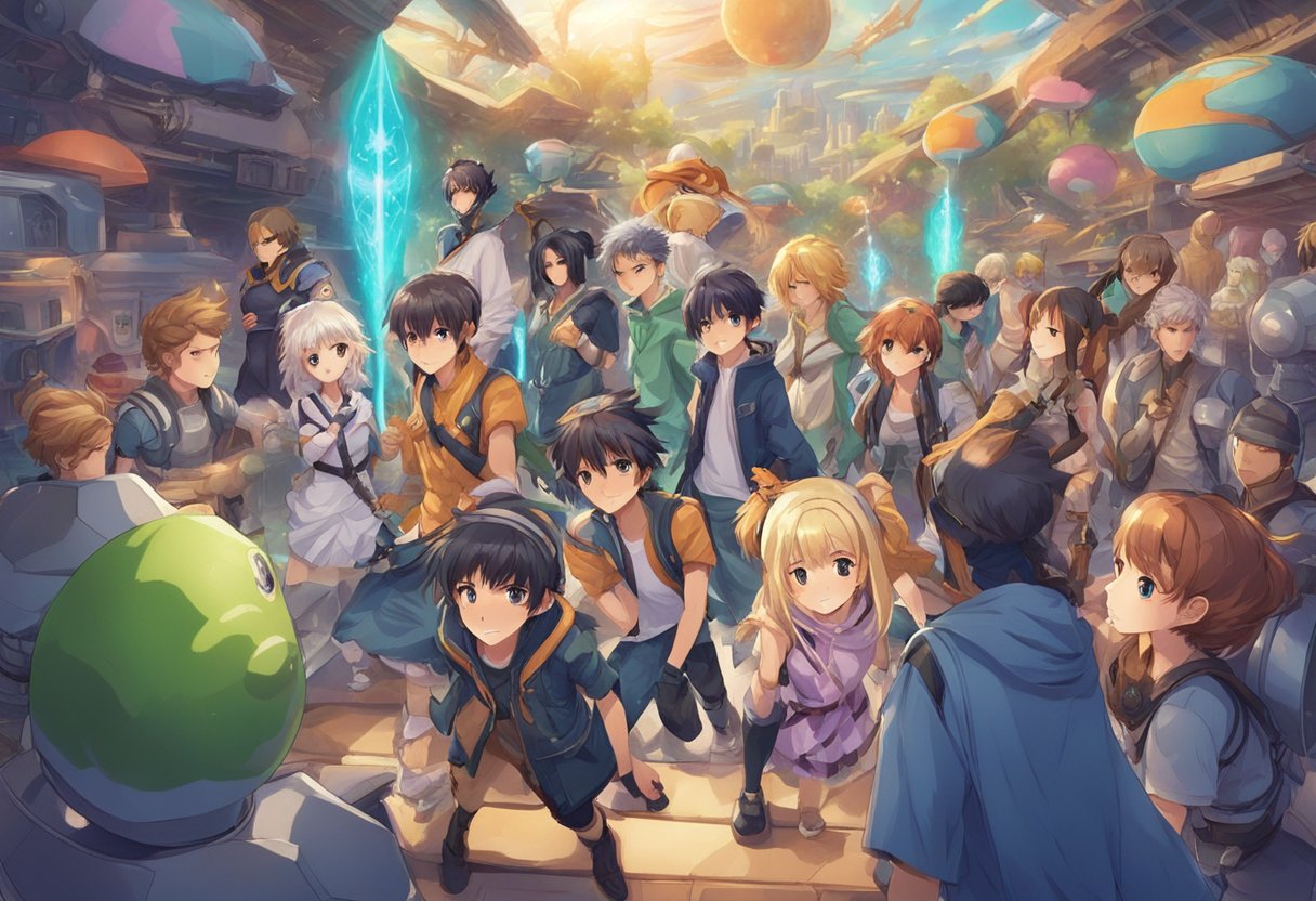 A group of anime characters in various styles and themes, from fantasy to sci-fi, interacting in a vibrant and dynamic setting