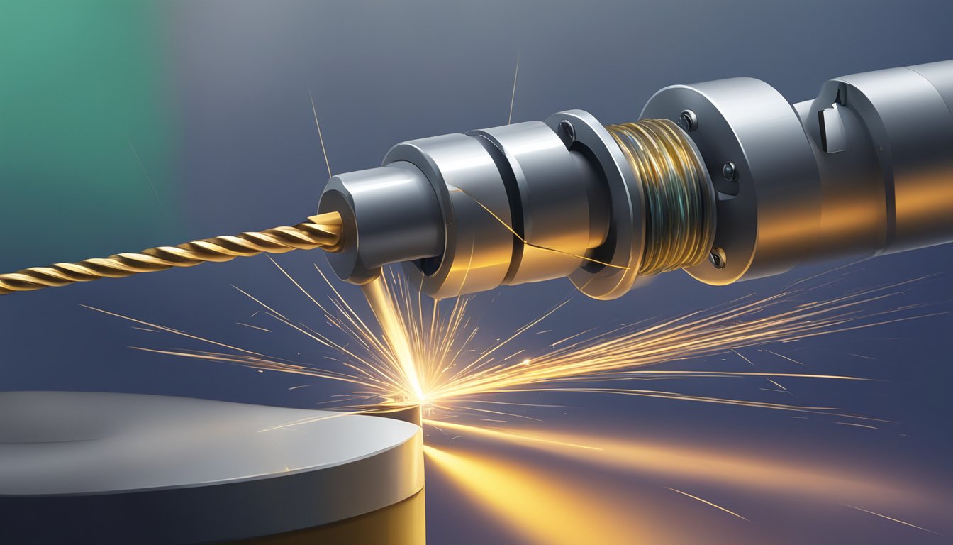 A threading tool cutting into a metal rod with sparks flying