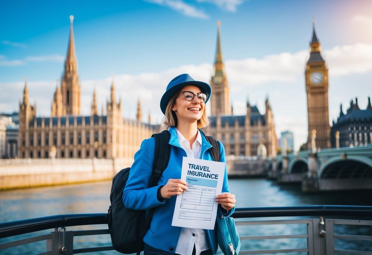 A traveler happily explores a foreign city, surrounded by iconic landmarks and holding a travel insurance policy in hand