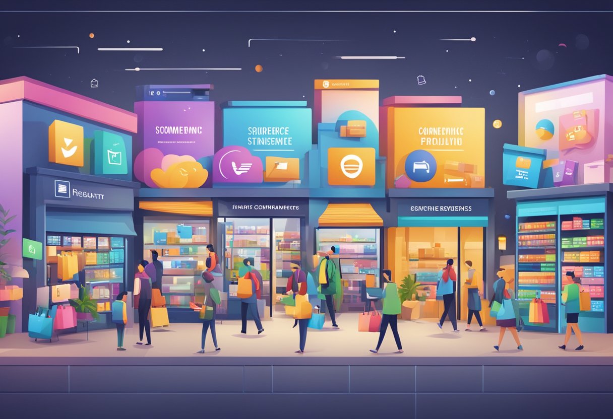 Un marché animé de diverses plateformes de commerce électronique, chacune avec sa propre vitrine et son logo uniques, présentant leurs services d'hébergement spécialisés.