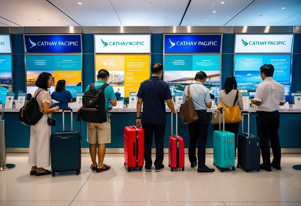 Passengers browsing through colorful promotional displays at a Cathay Pacific booth in Singapore airport